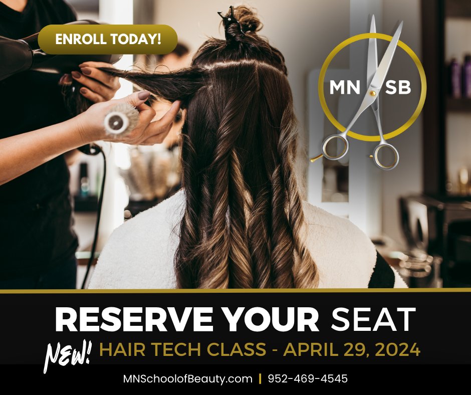 mnschoolbeauty's tweet photo. Our NEW 24-week Hair Tech course, master advanced hair skills. Starting April 29. Enroll Today! 
#applevalleymn #rosemount #lakevillemn #burnsvillemn #savagemn #newpraguemn #chaskamn #elkonewmarket #faribault #northfieldmn #mn_school_of_beauty #beautyschool #hairstylist https://t.co/qDPlsIOd6h