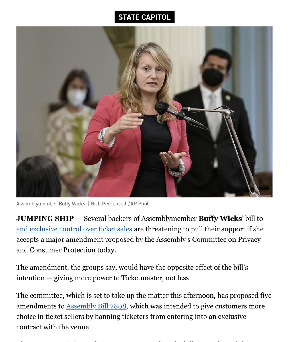 lara_korte's tweet photo. Good morning — @BuffyWicks's Ticketmaster bill is on deck for some major amendments.
The changes, proposed by the privacy committee, are so extensive that some backers are considering OPPOSING the bill.
More in CA Playbook — #caleg #AB2808 https://t.co/r6zuPHUCby https://t.co/MYhljpTIrP