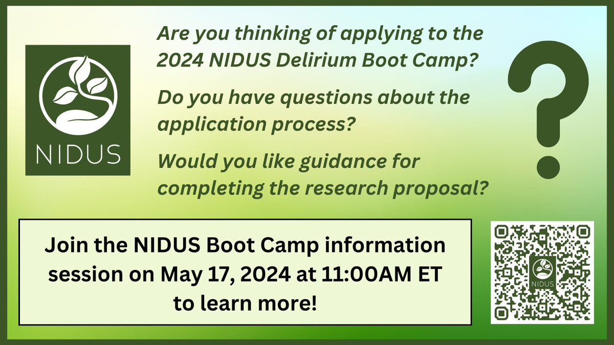 Save the Date! Join the 2024 @NIDUS_Delirium Boot Camp Info Session May 17 at 11AM ET to learn more and get your questions answered. #delirium zoom.us/j/96689728109?…