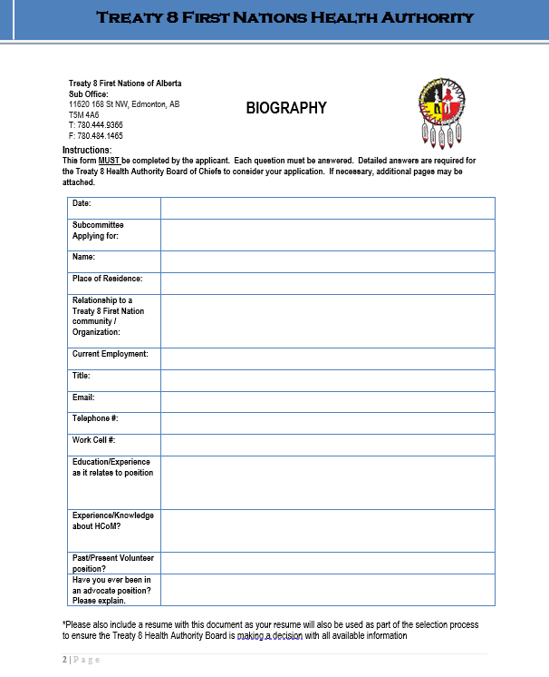 Treaty 8 First Nations of Alberta (@treaty8fna) on Twitter photo Treaty 8 HCOM Representative Callout
April 23, 2024
Fax or email your letter of interest and biography (Attached) to the attention of:
Debra Loyie
Email: dloyie@treaty8.org
Fax: 780.484.1465 Treaty 8 HCOM Representative Callout
April 23, 2024
Fax or email your letter of interest and biography (Attached) to the attention of:
Debra Loyie
Email: dloyie@treaty8.org
Fax: 780.484.1465