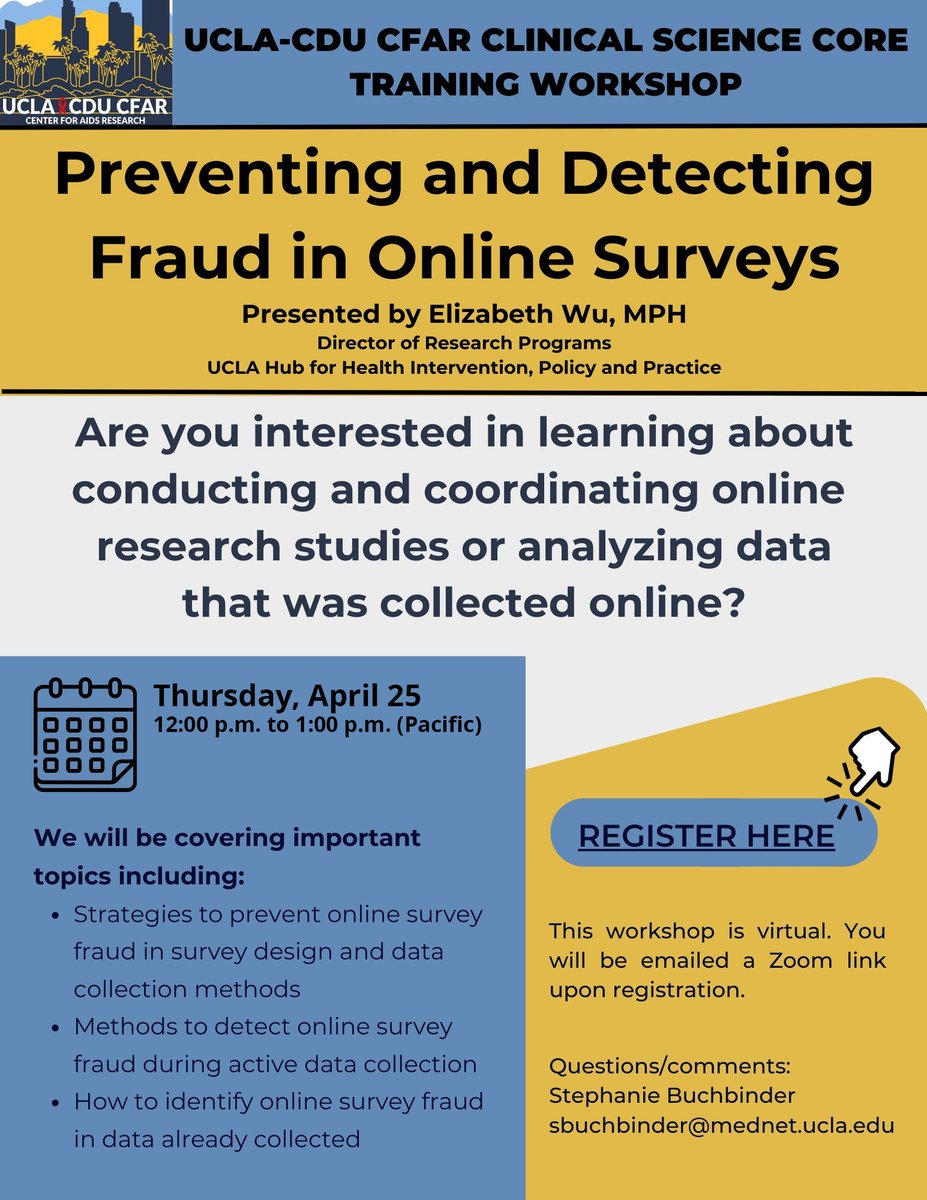 THURSDAY, 4/25/24 - #UCLAHHIPP Director of Research Programs will be presenting on preventing and detecting fraud in online surveys. REGISTER: uclahs.zoom.us/meeting/regist… #research #onlineresearch