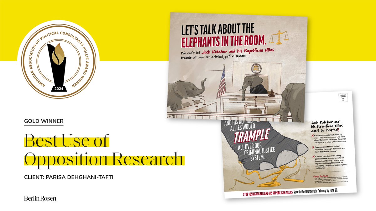 BRCampaigns's tweet photo. Last week, we were thrilled to learn that we won a Gold Pollie from @TheAAPC for our work with @parisa4justice! We love a good oppo book, and it's an honor to have our creative spin on it recognized by our peers. https://t.co/3b1FMN6p5H