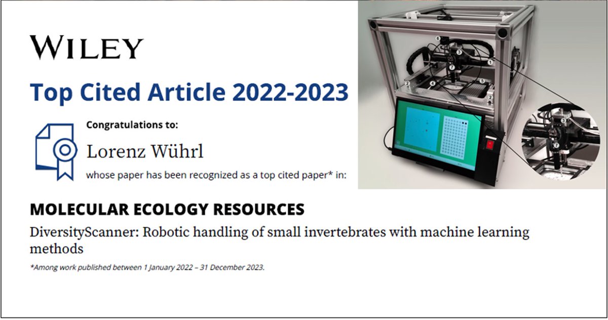 Congrats to PhD student Lorenz Wührl for publishing one of the Top Cited Paper in Mol. Ecol. Res. for 2022-23. He developed the DiversityScanner for sorting and imaging insects. See the robot in action here: youtu.be/ElJ5VSHa4OI. Download publication: onlinelibrary.wiley.com/doi/full/10.11…