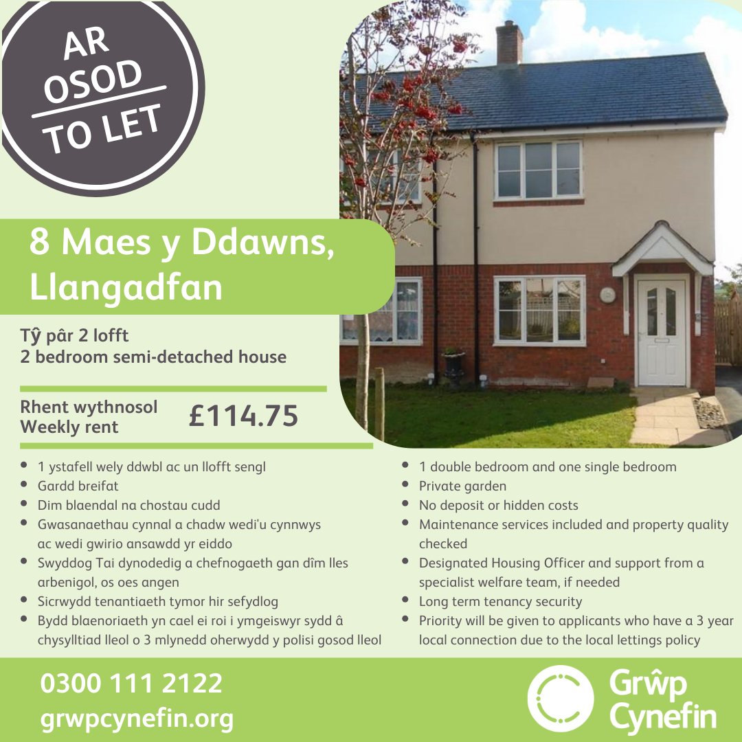 2 bedroom house 🏠
Those applying need to be or need to be added onto the Powys Housing register. Details here 👇
en.powys.gov.uk/applyforhousing
Or get in touch and we can help you through the process.

0300 111 2122
post@grwpcynefin.org
#morethanhousing