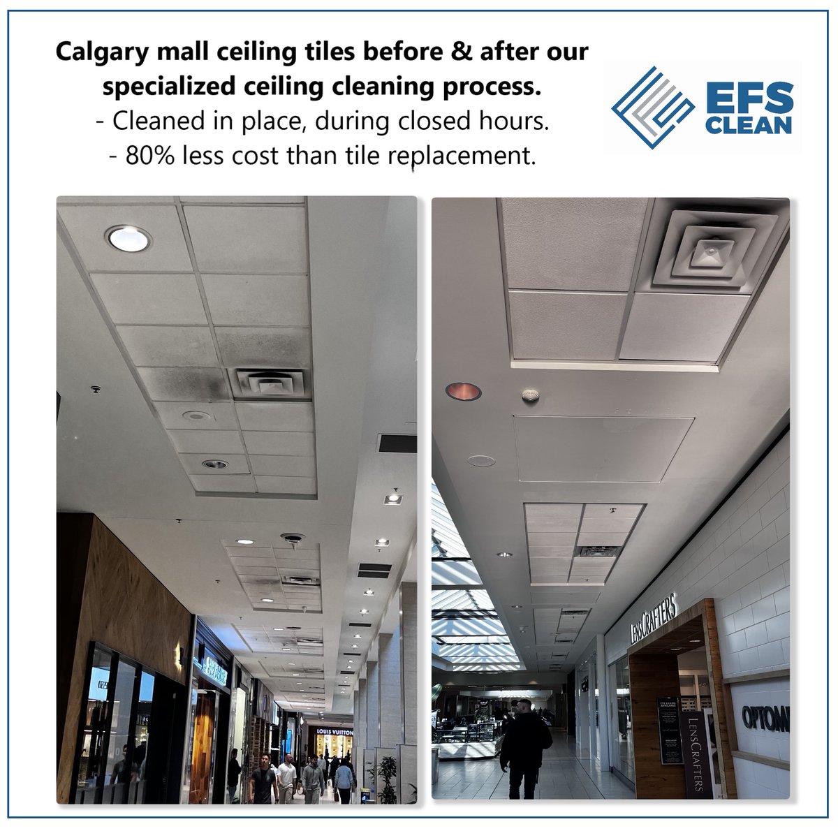 EFSCleanCalgary's tweet photo. Acoustic and vinyl ceiling tiles cleaned and brightened, in place, during closed hours.

#retailstore #restaurants #ceilingcleaning #cleaningservicescalgary https://t.co/HgtPvgOQt4