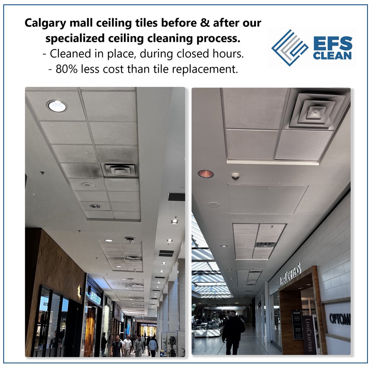 Acoustic and vinyl ceiling tiles cleaned and brightened, in place, during closed hours. #retailstore #restaurants #ceilingcleaning #cleaningservicescalgary