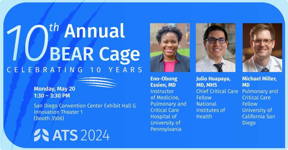 We are pleased to announce the 2024 BEAR Cage Competition Finalists: Eno-Obong Essein, MD; Julio Huapaya, MD, MHS; and Michael Miller, MD. Join us for this unique, Shark-Tank-esque simulation! 📆Monday, May 20 🕐1:30 p.m. PDT 🔗Register for ATS2024: tinyurl.com/3raj4aay