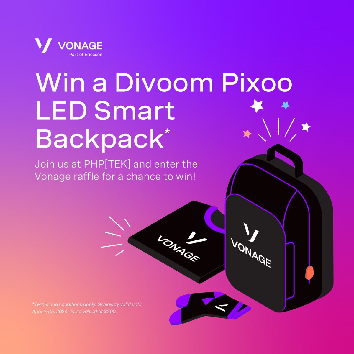 Come to the Vonage booth and talk to @Jim Seconde and @dragonmantank
They are both cool people with cool swag and surprises for you at PHP[TEK]. Try for a chance to win a Divoom Pixoo Smart LED Backpack too! T&Cs apply. #php #developers #phptek #swag