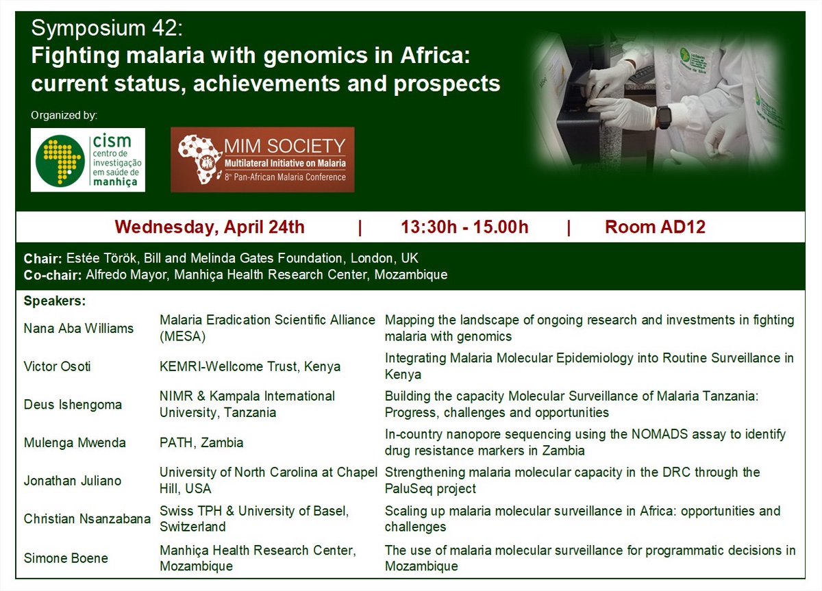 Planning your schedule for Wednesday at #MIM2024? Join us at 13:30 in Symposium42 to discuss #malariagenomics for public health impact. Co-chaired by @EsteeTorok @gatesfoundation & @AlfredoMayor5 @Manhica_CISM and with a strong lineup of MMS rock-stars