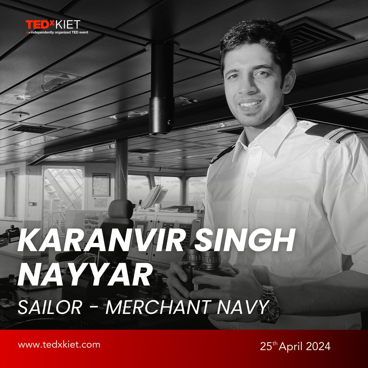 Excited to introduce Karanvir, a navigator  of a 200,000 ton ship! Breaking merchant navy myths, he is a YouTube sensation with 436k+ subscribers.
Join us on April 25th, 2024 for his TEDx Talk! at TEDxKIET Stage.

 #MerchantNavy #ted #tedx