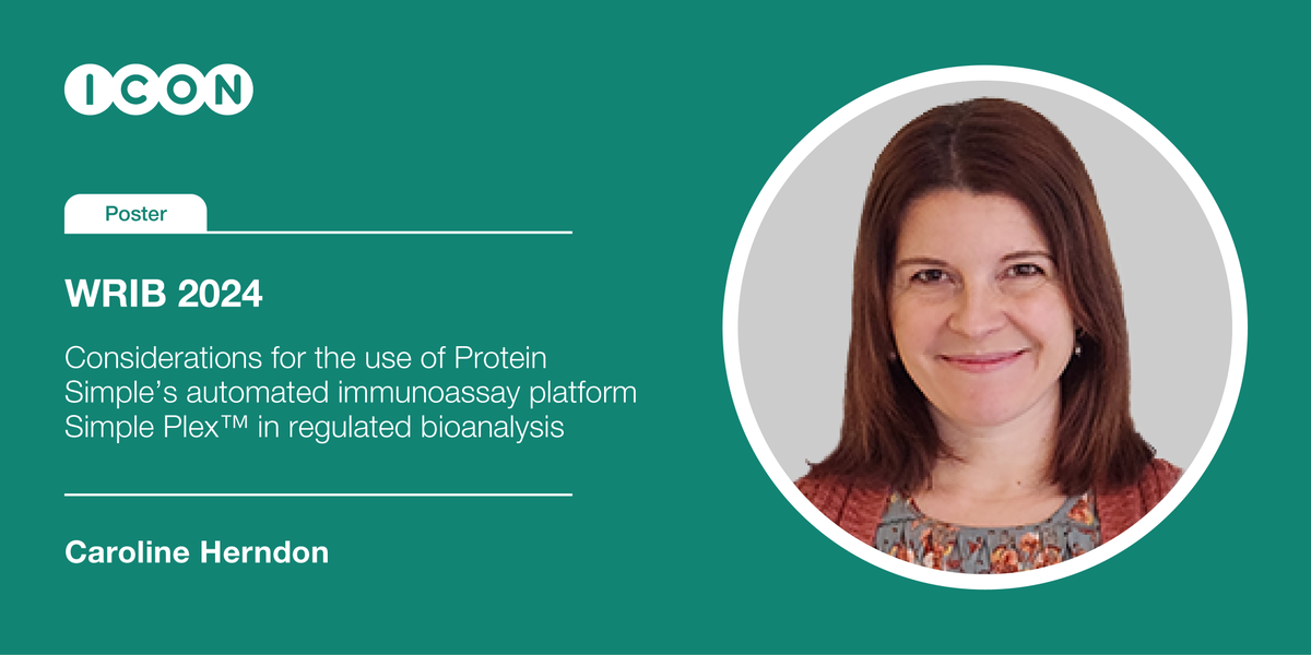 Caroline Herdon, Principal Scientist at ICON will be sharing her expertise on considerations for the use of ProteinSimple’s automated immunoassay platform Simple Plex™ in regulated bioanalysis during her poster presentation at #WRIB. Meet her: ow.ly/KrFl50R9hTA