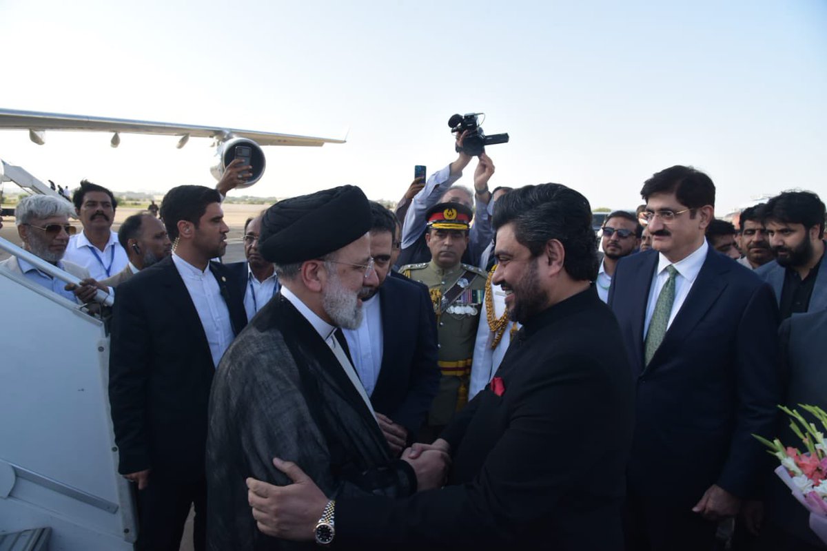 Iranian President Dr. Seyyed Ebrahim Raisi was accorded a warm welcome at Karachi Airport. He was received by Governor Sindh Kamran Tessori and Chief Minister Sindh Murad Ali Shah. In Karachi, he will hold meetings with Governor and Chief Minister of the province of Sindh. He