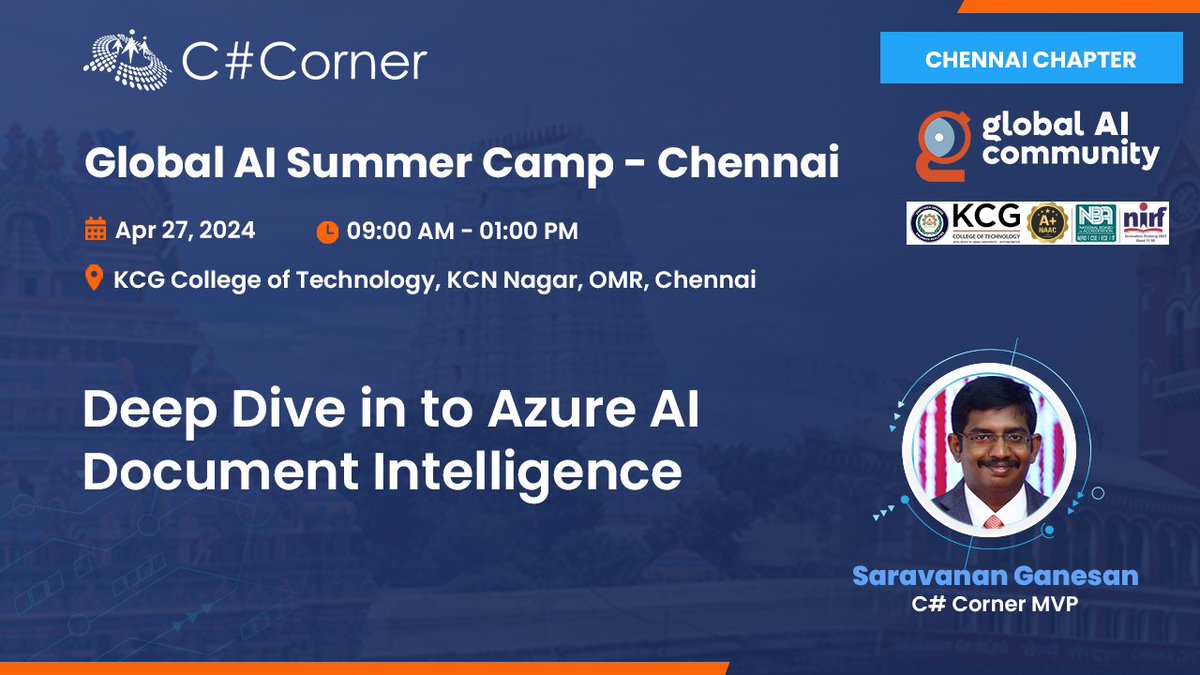 CsharpCorner's tweet image. Discover Azure AI Document Intelligence with @SARAVANANGANES at #GlobalAISummerCamp! Learn about document processing and find out how AI can help.

Reserve your seat now: tinyurl.com/43yf44jm

#AzureAI #DocumentIntelligence #CSharpCorner #AI #DocumentProcessing