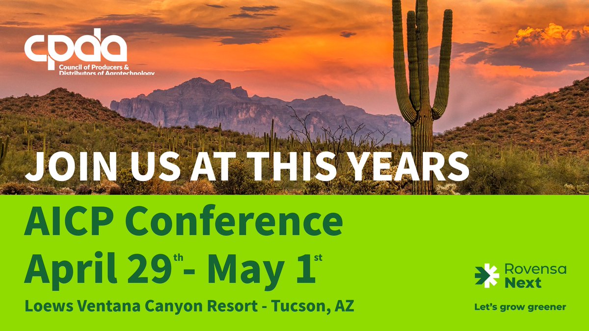 Join us at this year’s AICP Conference.

April 29th – May 1st at the Loews Ventana Canyon Resort in Tucson, AZ.

Learn more about Rovensa Next products at rovensanext-na.com/en-us/our-top-…

Let’s grow greener
#farming #cropprotection #agriculture #biosolutions #rovensanext