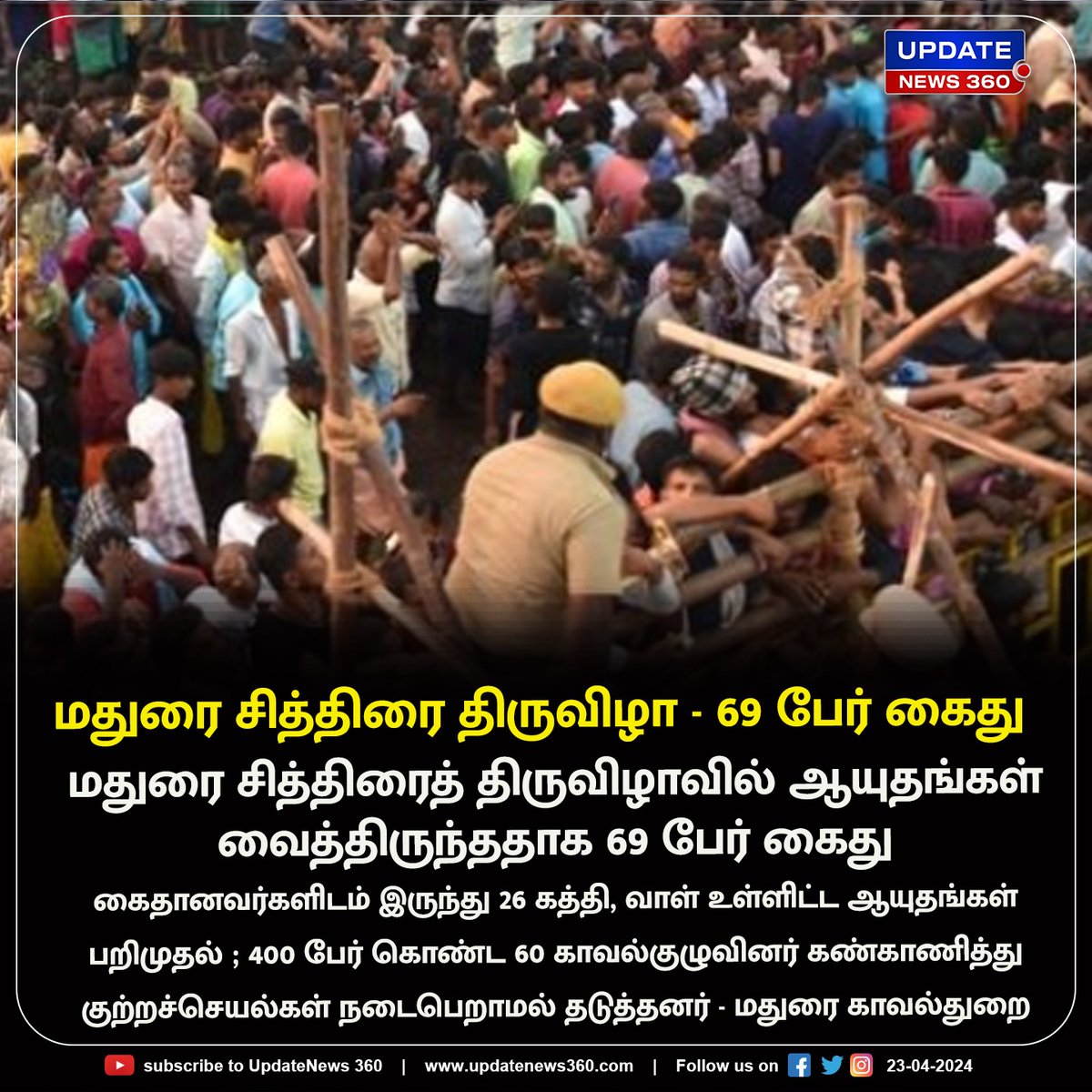 மதுரை சித்திரைத் திருவிழாவில் ஆயுதங்கள் வைத்திருந்ததாக 69 பேர் கைது

#UpdateNews | #Madurai | #VaigaiRiver | #Kallazhagar | #ChithiraiFestival | #ChithiraiThiruvizha2024 | #Arrested | #TamilNews | #Updatenews360