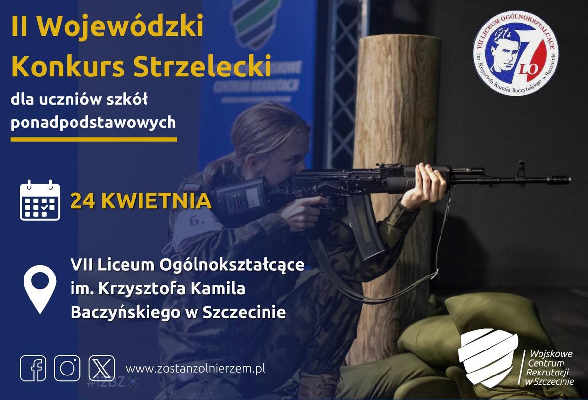 Prokop_21's tweet photo. 🎯 #Jutro w #Szczecin.ie odbędzie się II Wojewódzki Konkurs Strzelecki dla uczniów klas ponadpodstawowych.

Uczniowie zmierzą się w 3️⃣ konkurencjach:
🔫 strzelectwo sportowe,
💪 test sprawnościowy,
⛑️ udzielanie pierwszej pomocy przedmedycznej.

ℹ️ Więcej: https://t.co/Z9LZkot8c3 https://t.co/yi3TzfHB0z