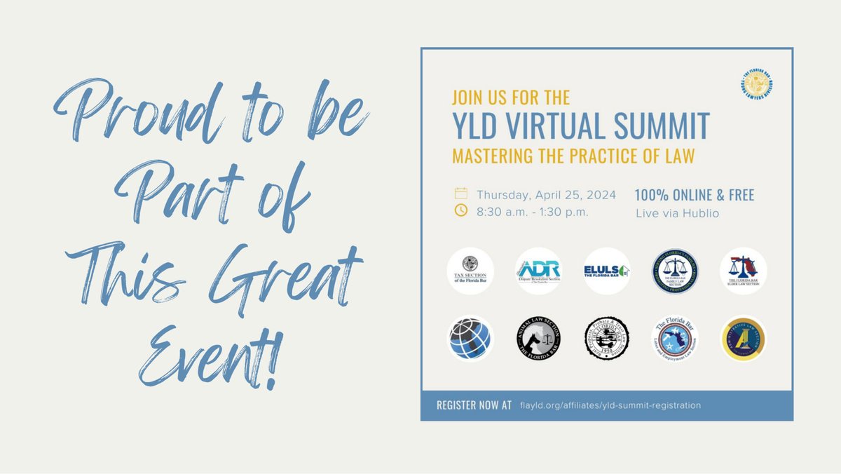 FlaBarADR's tweet photo. .@FlaBarADR is proud to be a part of the 4/25 @FlaBarYLD 2nd Virtual Summit, Mastering the Practice of Law. Shout-out to ADR Section members Shari Elessar and Natalie Paskiewicz, who'll present "Mediator’s Roadmap: Skills for Any Practice of Law" during session 1. 🙌  1/ https://t.co/ObIjDPkU7J