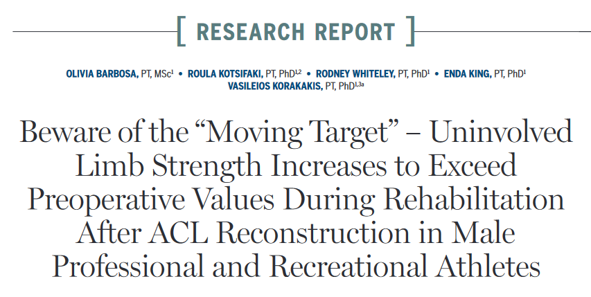 JOSPT's tweet image. &quot;Limb Symmetry Index using the uninvolved limb as a standard remains a practical criterion for strength assessment, but clinicians should be mindful of the changing nature of the uninvolved limb’s strength.&quot;

Beware the moving target

➡️ow.ly/FKXQ50RftJ9

#yourJOSPT #ACL