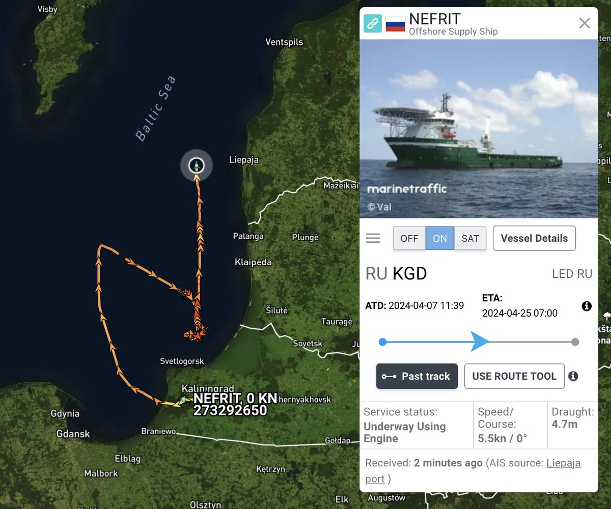 Russian support ship Nefrit is making a very slow steam along the coasts of Lithuania and Latvia. The week before this she patrolled the perimeters of Kalingrad waters while the Baltic fleet held missile exercises. IMO 9297773 She is nominally civilian.