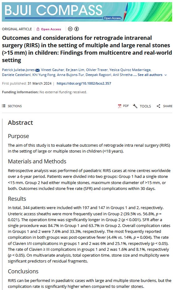 Online and #OpenAccess: Outcomes and considerations for retrograde intrarenal surgery in the setting of multiple and large renal stones (>15 mm) in children: Findings from multicentre and real‐world setting @endouro @UHSFT #StoneDisease doi.org/10.1002/bco2.3…