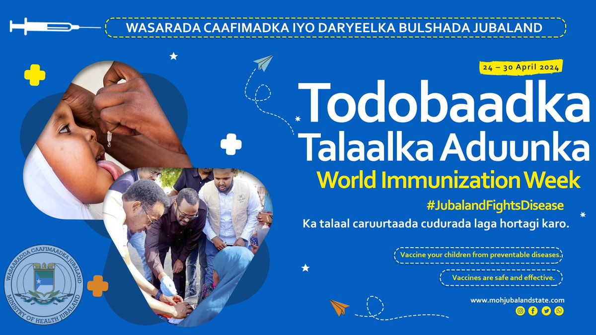 JubalandMoH's tweet image. Vaccine your children from preventable diseases and join us eradicating #Polio in Jubaland and Somalia.

@JubalandMoH is committed in saving lives through immunization.

#ImmunizationWeek
@Bayah_Hajji @WHOSom @unicefsomalia @COREGroupDC @ismail_garas