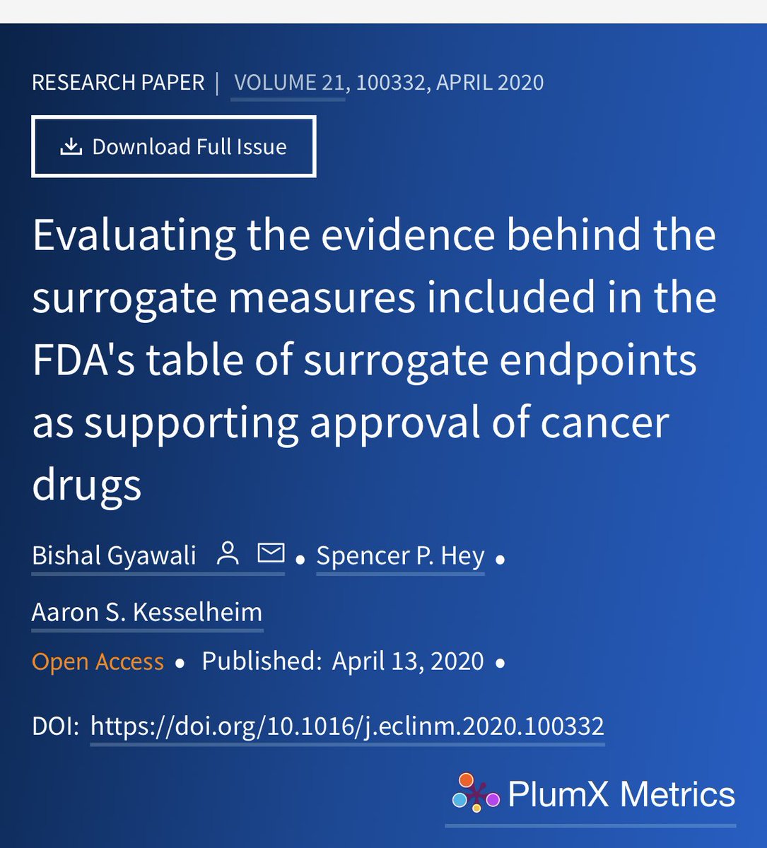 Remember the study where we looked at the evidence of surrogacy for the surrogate endpoints in oncology listed on the FDA Table of Surrogate Endpoints for approval? thelancet.com/journals/eclin…
