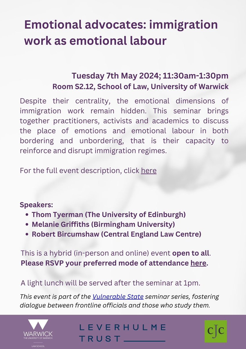 Join us on Tuesday 07/05 at 11:30am for a Vulnerable State seminar, exploring immigration work as emotional labour. This is a hybrid event, open to all! Full event description here warwick.ac.uk/fac/soc/law/re… Please RSVP your attendance here warwick.ac.uk/fac/soc/law/re…