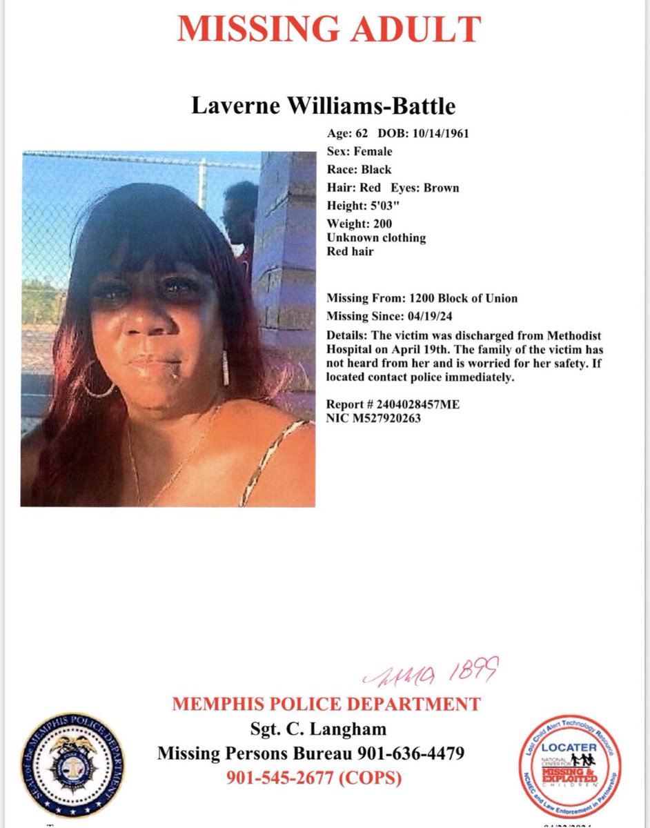 MEM_PoliceDept's tweet photo. Have you seen Laverne Williams-Battle?
Report #2304028457ME https://t.co/ziUNoxTZj3