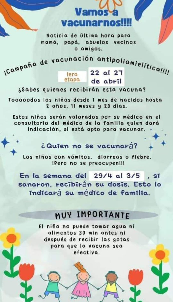 Buenos días 🇨🇺
Comenzó desde el #22Abril Campaña de Vacunación Antipoliomelítica la cual se extenderá hasta el #27Abril. En #CubaPorLaSalud nada es más importante que un niño.  Más que una conquista,  la Salud es esencia de la Revolución 🇨🇺
#LaHabanaViveEnMí