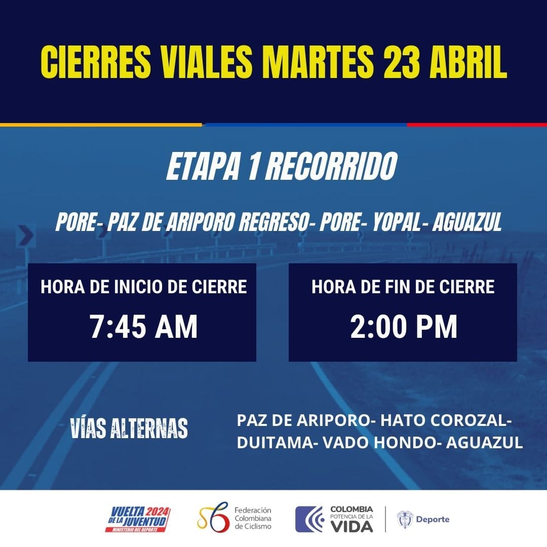 Federación Colombiana de Ciclismo (@fedeciclismocol) on Twitter photo Estos serán los cierres viales para este martes en Casanare por la celebración de la primera etapa de la #VJuventud2024
<a href="/mundociclistico/">Mundo Ciclístico</a> <a href="/AdnCycling/">ADN Cycling</a> <a href="/APuroPedalCol/">A Puro Pedal</a> <a href="/ciclismoenlinea/">Ciclismo en Línea</a> Estos serán los cierres viales para este martes en Casanare por la celebración de la primera etapa de la #VJuventud2024
<a href="/mundociclistico/">Mundo Ciclístico</a> <a href="/AdnCycling/">ADN Cycling</a> <a href="/APuroPedalCol/">A Puro Pedal</a> <a href="/ciclismoenlinea/">Ciclismo en Línea</a>