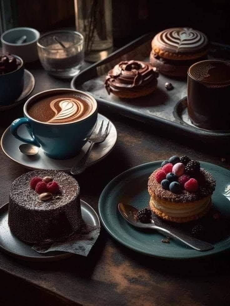 Evening Coffee ☕🍮🍩🌹🌿🍒