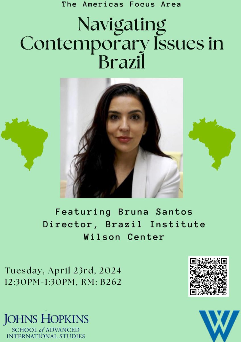 Please join the Americas Focus Area on“Navigating Contemporary Issues in Brazil”. This event will feature the direct of the Brazil Institute of the Wilson Center, Bruna Santos 🇧🇷