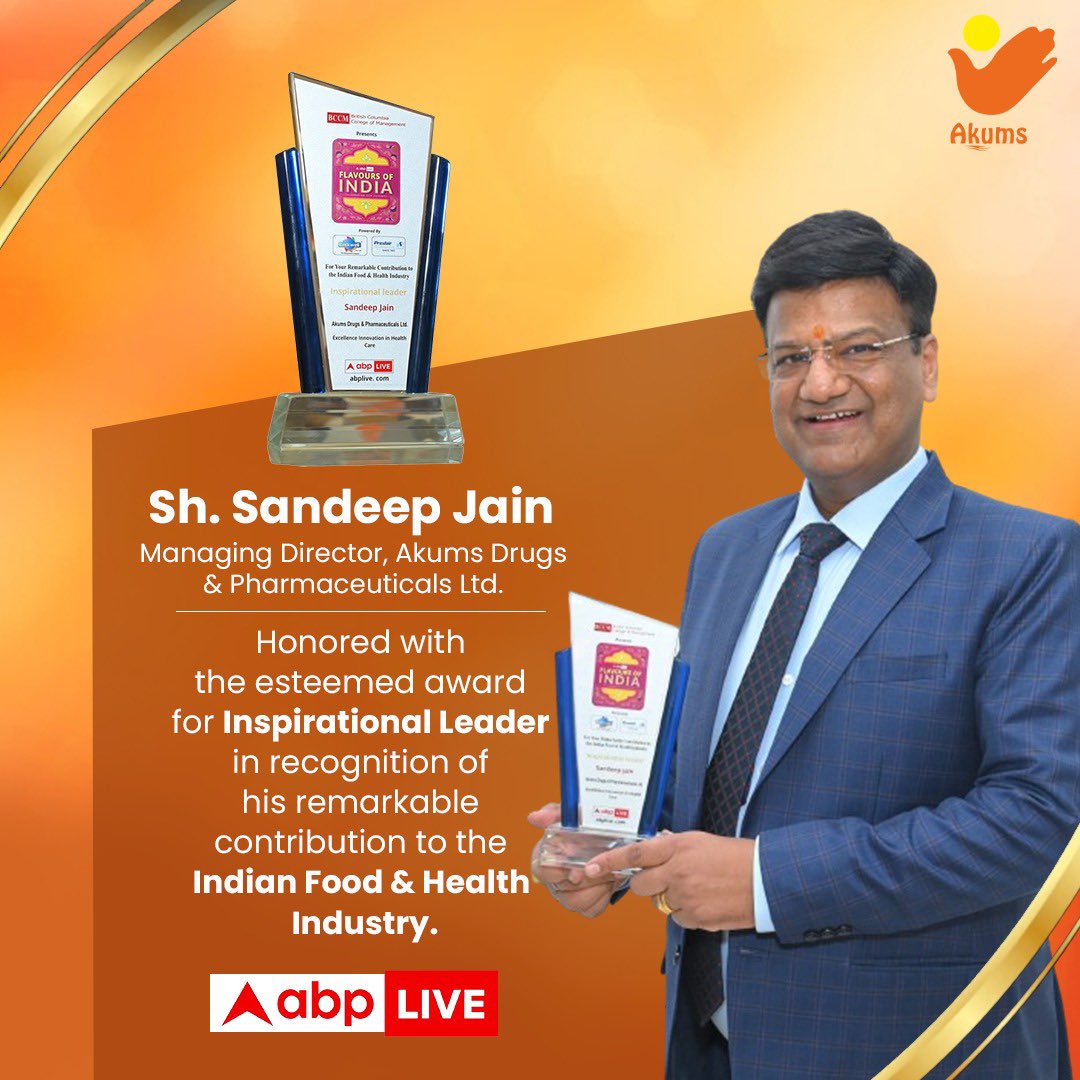 We are delighted to announce that our Managing Director, Sh. Sandeep Jain, has been honored as an Inspirational Leader for Excellence in Healthcare Innovation by ABP Live news channel. 

#Akums #Award #ContractManufacturing #Pharmaceuticals #MarketLeadership #IndianPharma