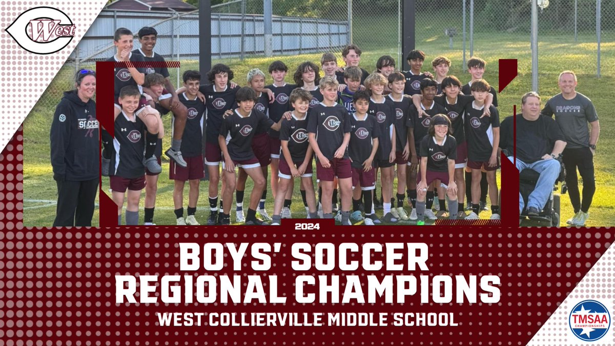 GoDragonsGo_'s tweet photo. Congratulations to West Collierville Middle School Boys’ Soccer!! The Dragons defeated Houston Middle 3-1 last night to claim this year’s Regional Championship.  The team’s undefeated magical season will continue on Thursday versus the Memphis Shelby County winner.  #GoDragonsGo https://t.co/V1ARmGguIr