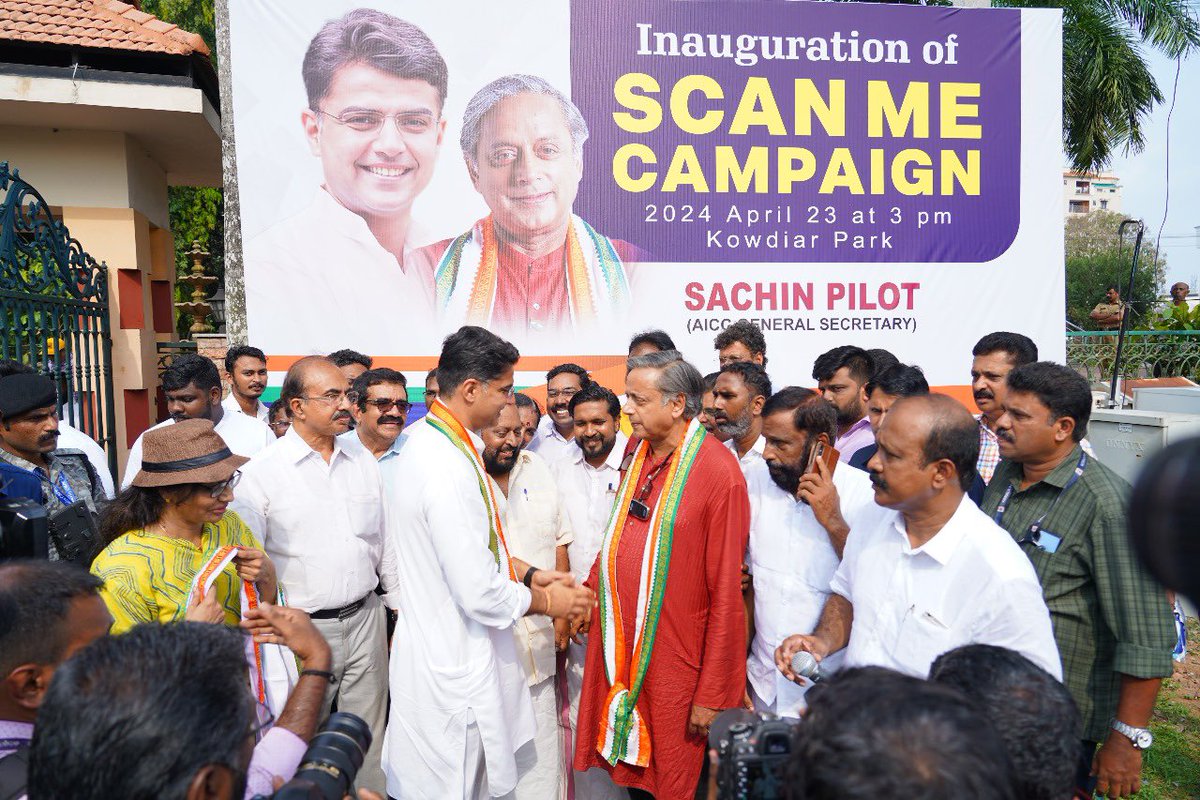 ShashiTharoor's tweet photo. Delighted to be joined on the campaign trail by my good friend and @INCIndia stalwart @SachinPilot , who has spent the last few days effectively & powerfully campaigning across the state on behalf of the party. He joined us for the inauguration of the ‘Scan Me’ campaign, an innovative initiative that utilises Augmented Reality technology to spread the message of the campaign across a larger audience, and will also be doing a few campaign events in Neyyattinkara later today.