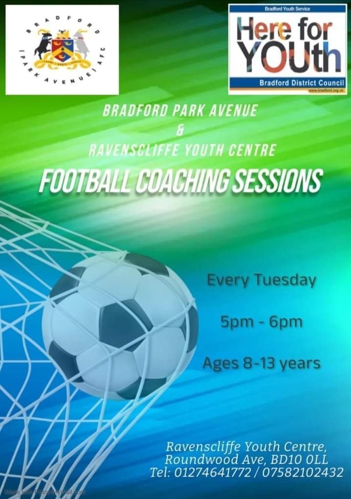 Tonight's sessions at Ravenscliffe Youth & Community Centre, delivered by @bradfordmdc @YouthBradford. Football coaching from 5pm for ages 8-13 years, then a new session for current school year 6's transitioning to secondary school in September from 6.30pm 🙂