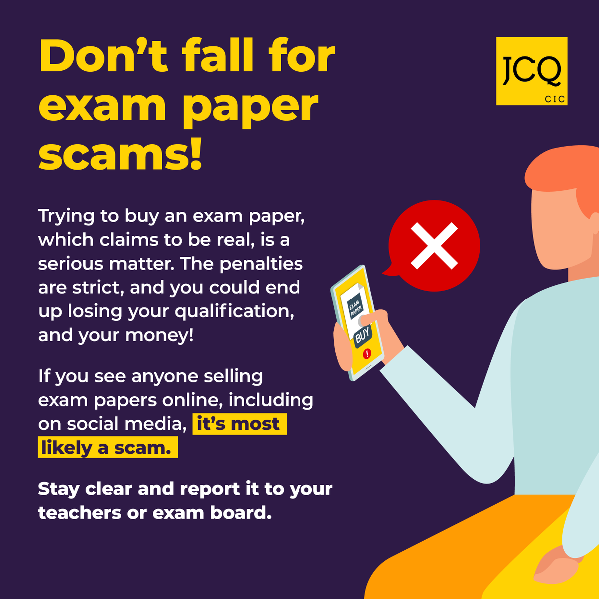 Calling all schools and colleges: please share with your students to help us raise awareness of fraudulent accounts advertising exam papers for sale.

These accounts are scams and students should report them to their teacher or exam board.