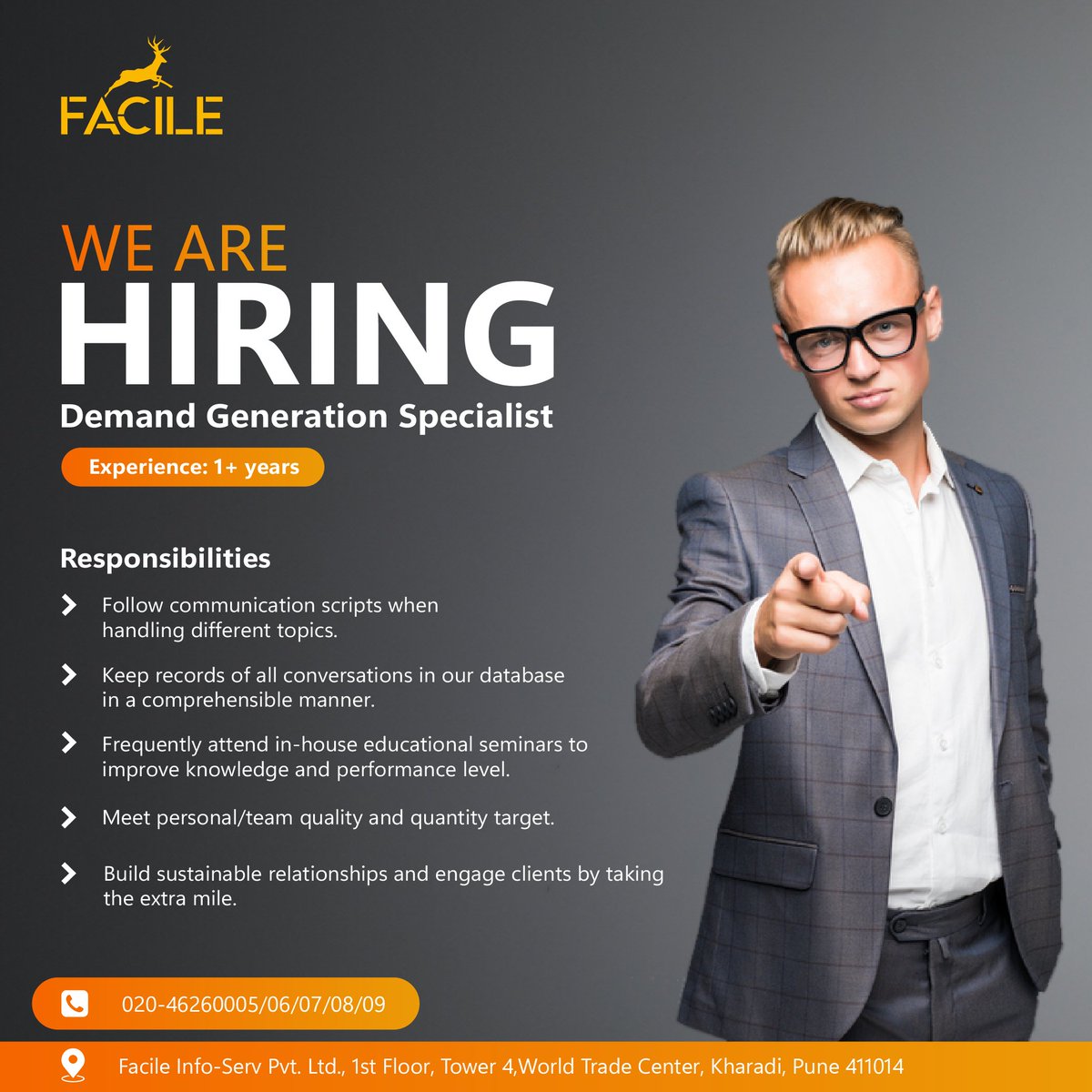 WE ARE HIRING

Position: Demand Generation Specialist  

Contact: 020-46260005/06/07/08/09

Send your updated CV at: careers@facileserv.com 
OR
Apply Here: facileserv.com/careers/

#punejobs #DGS #demadgenerationspecialist #jobposting #jobopening #jobalert #jobvacancies #facile