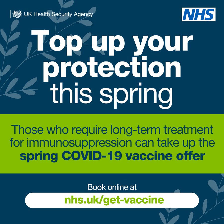 Eligible people in the #WestMidlands can now book their spring #COVID19 vaccine online or via the #NHSapp 📱

This includes those who require long-term treatment for immunosuppression

You don't need to wait to be invited

Find out more + book now:  bit.ly/BookCovidSprin…