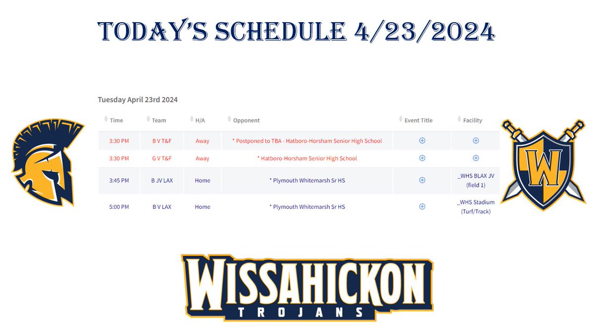 Here is today’s schedule (4/23/2024) for Wiss Sports!🔵🟡🏃‍♀️🏃🥍 GO TROJANS!!! @WissahickonSD @SOLsports @Wisslaxboys