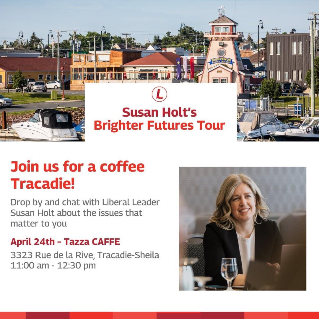 Hey, Tracadie! I’ll be stopping by as part of my Brighter Futures tour and would love to hear about the issues that matter most to you! Join me Wednesday morning at Tazza and let’s chat over coffee! See you there ☕