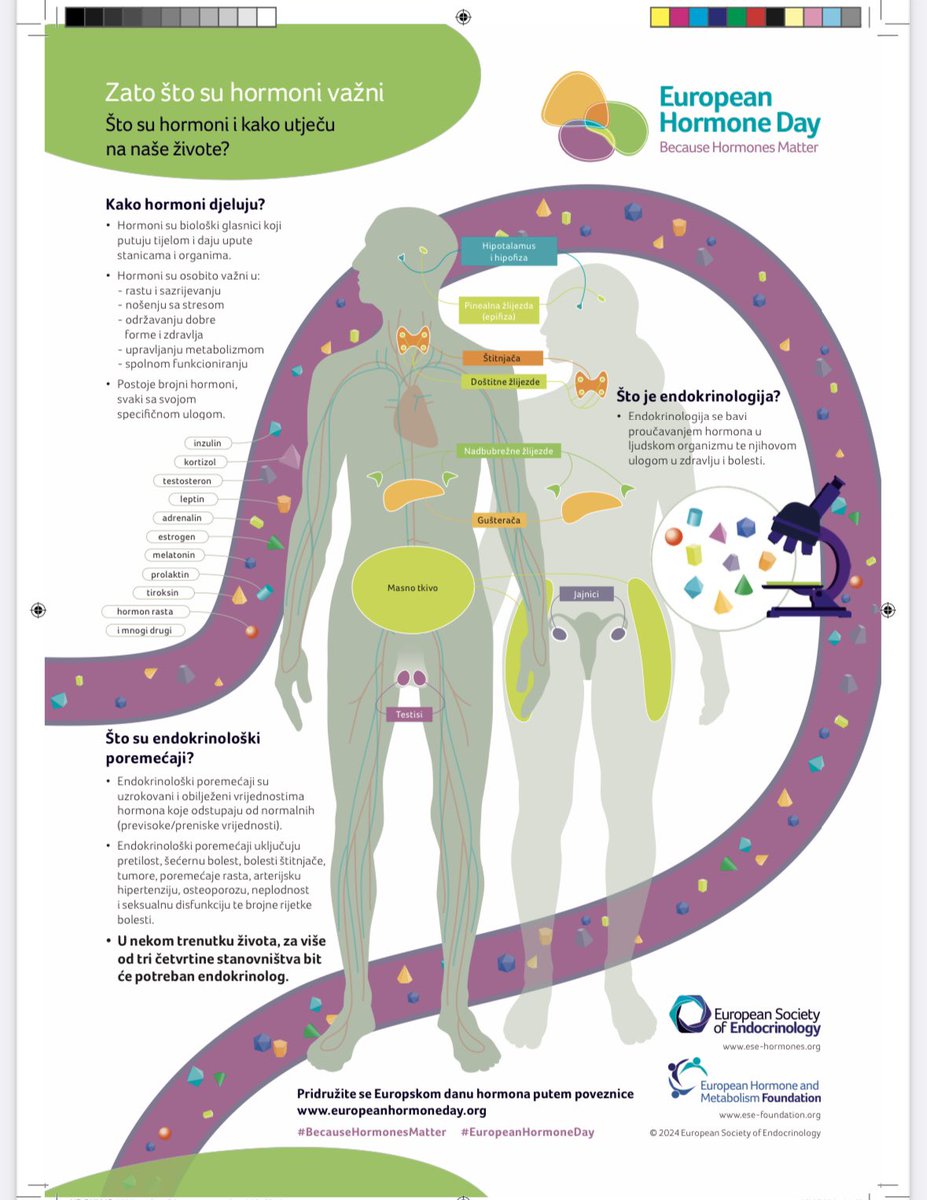 Europski dan hormona (“European hormone day“) ove godine se obilježava 24. travnja. Podsjetimo se što su hormoni i koje su njihove uloge u našem tijelu.🩸🩺💊
#europeanhormoneday #becausehormonesmatter 
 #ese  #hded @croendoyoung @ESEndocrinology