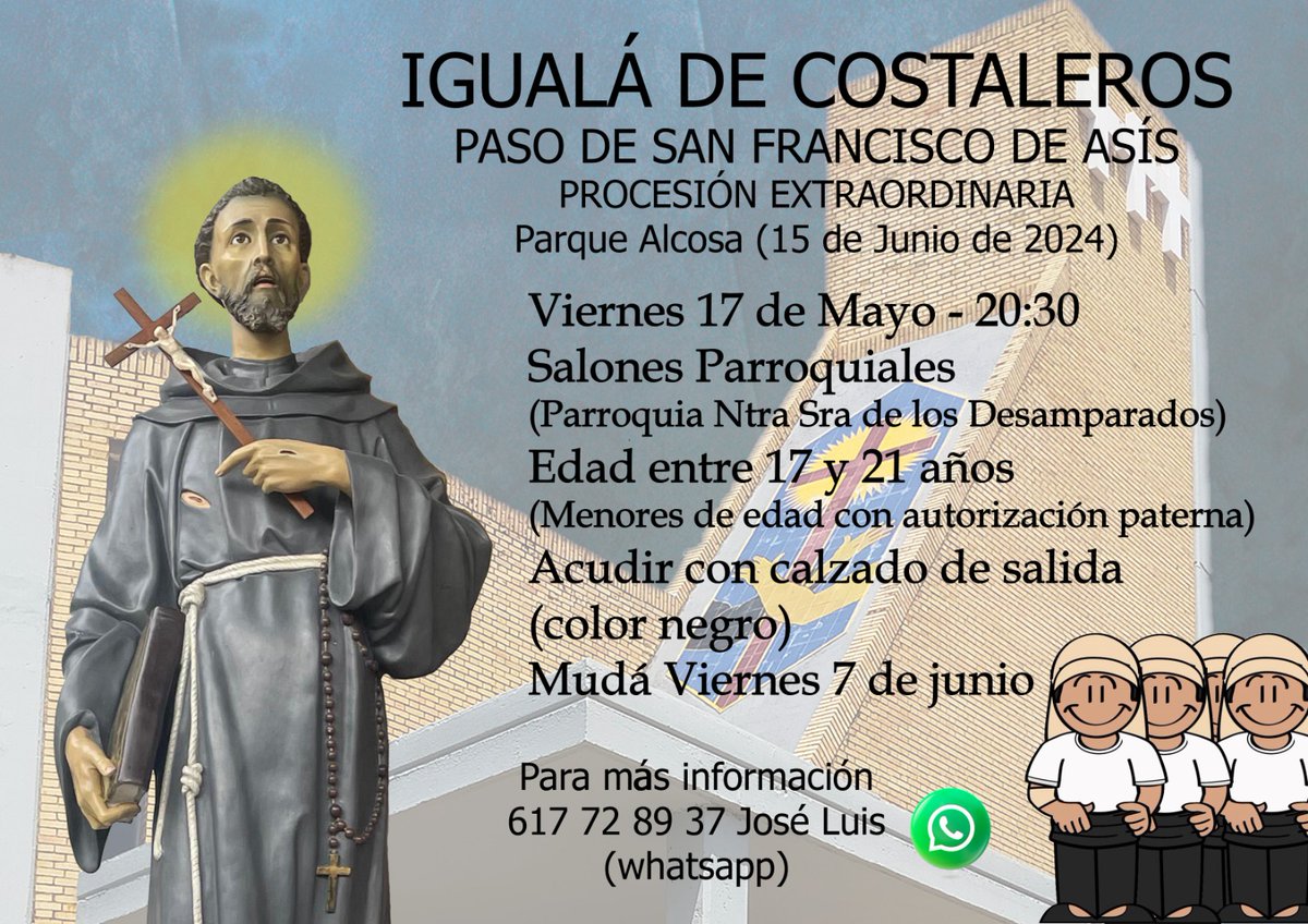 Nos hacemos eco de la noticia de @ofcdesamparados para la celebración de la Procesión extraordinaria por el Cincuentenario de nuestra Parroquia del próximo 15 de junio:

Igualá de costaleros del paso de San Francisco de Asís.

Viernes 17 de mayo, 20:30 h. (Salones Parroquiales).