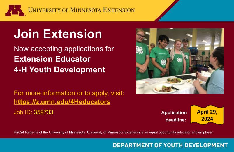 Want to foster vibrant, sustainable and resilient communities through #YouthDevelopment in Minnesota? We’ve been looking for you. Learn more about our team at z.umn.edu/4Heducators.