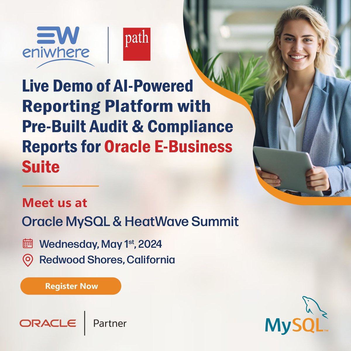 Excited to be a #partner at #OracleMySQL hosted MySQL & #HeatWaveSummit 2024! Join #Path for a glimpse into innovation at our AI-powered #ComplianceReportingPlatform eniwhere. Don't miss out - #registernow for free! -  buff.ly/3Web8gq 

#MySQLSummit #TechEvent #OracleEBS