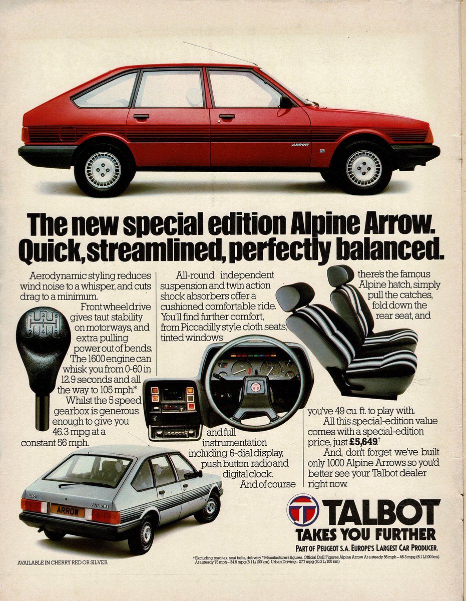flaneurUK's tweet image. #TalbotTuesday Talbot Alpine Arrow special edition from April 1982. 

"The new special edition Alpine Arrow.
Quick, streamlined, perfectly balanced."