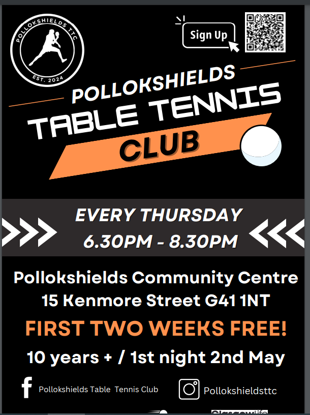 A new Table tennis club in Pollokshields for those aged 10 plus. @ShawlandsPe @Shawlands_pri @AnnetteStreetPS @BattlefieldPS @BlackfriarsP @cuthbertsonpri @LangsidePri @StFrancis_PS