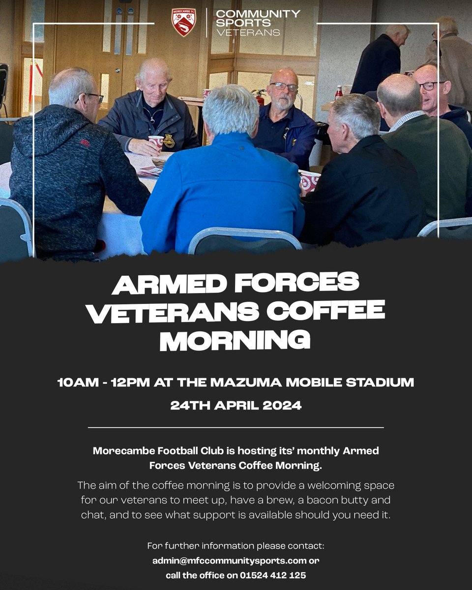 Our next Armed Forces Veterans Coffee Morning takes place tomorrow at the Mazuma Mobile Stadium, 10:00-12:00! ☕️ #UTS 🦐 | @EFLTrust | @VeteransFdn