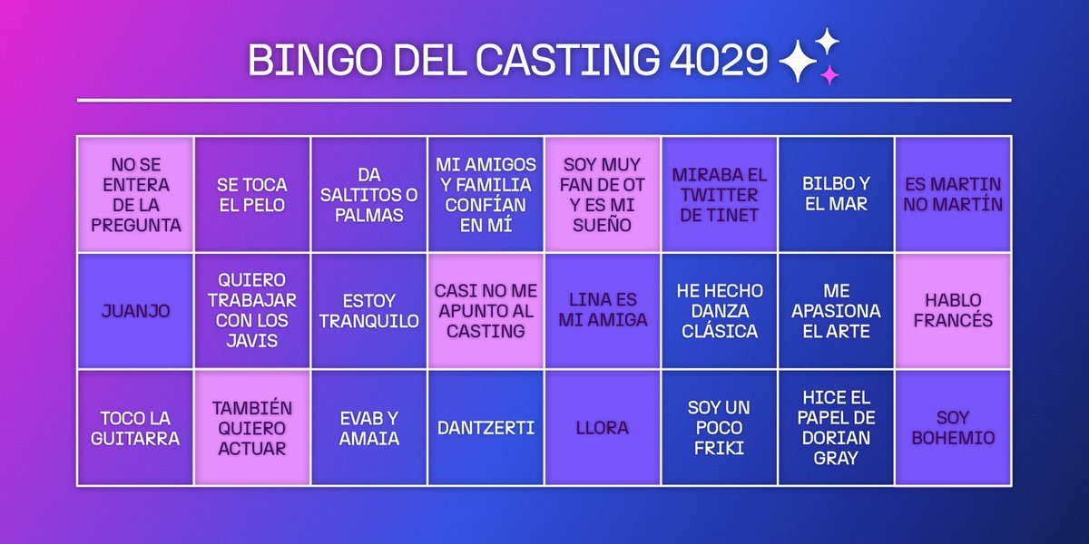 ¡Hola, majas! 👋 Tenemos BINGO para ver esta tarde a las 16:00h el CASTING COMPLETO de MARTIN en el canal de YouTube de OT 🎤 Preparad vuestros cartones y haced vuestras apuestas ✨🍀 #MartinOTCasting #Majos23A