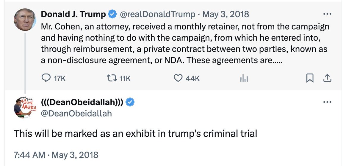Glad I wrote this tweet below in 2018 when Trump admitted he paid Michael Cohen bc I knew it was covering up a crime: